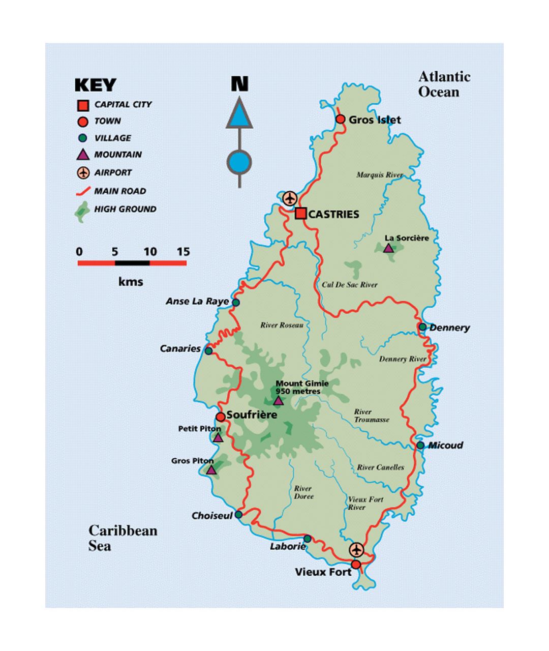 Elevation map of Saint Lucia with roads, cities and airports