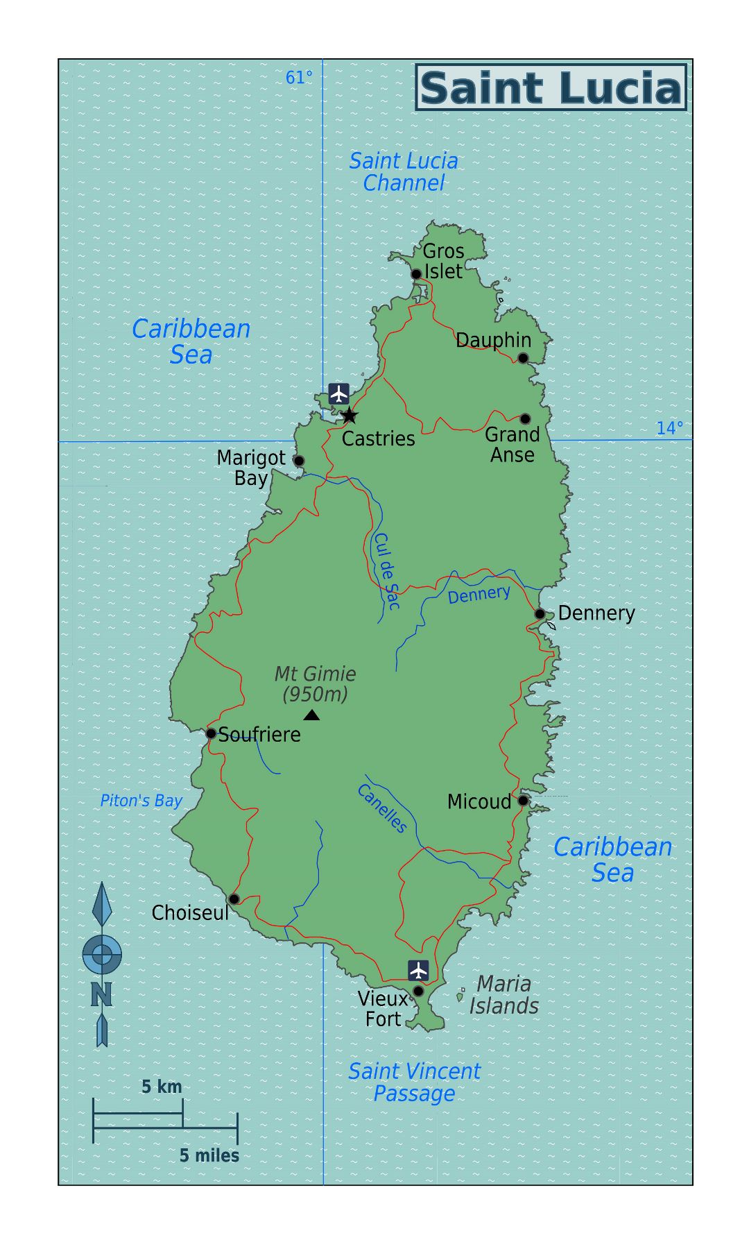 Large detailed map of Saint Lucia with rivers, roads, cities and airports