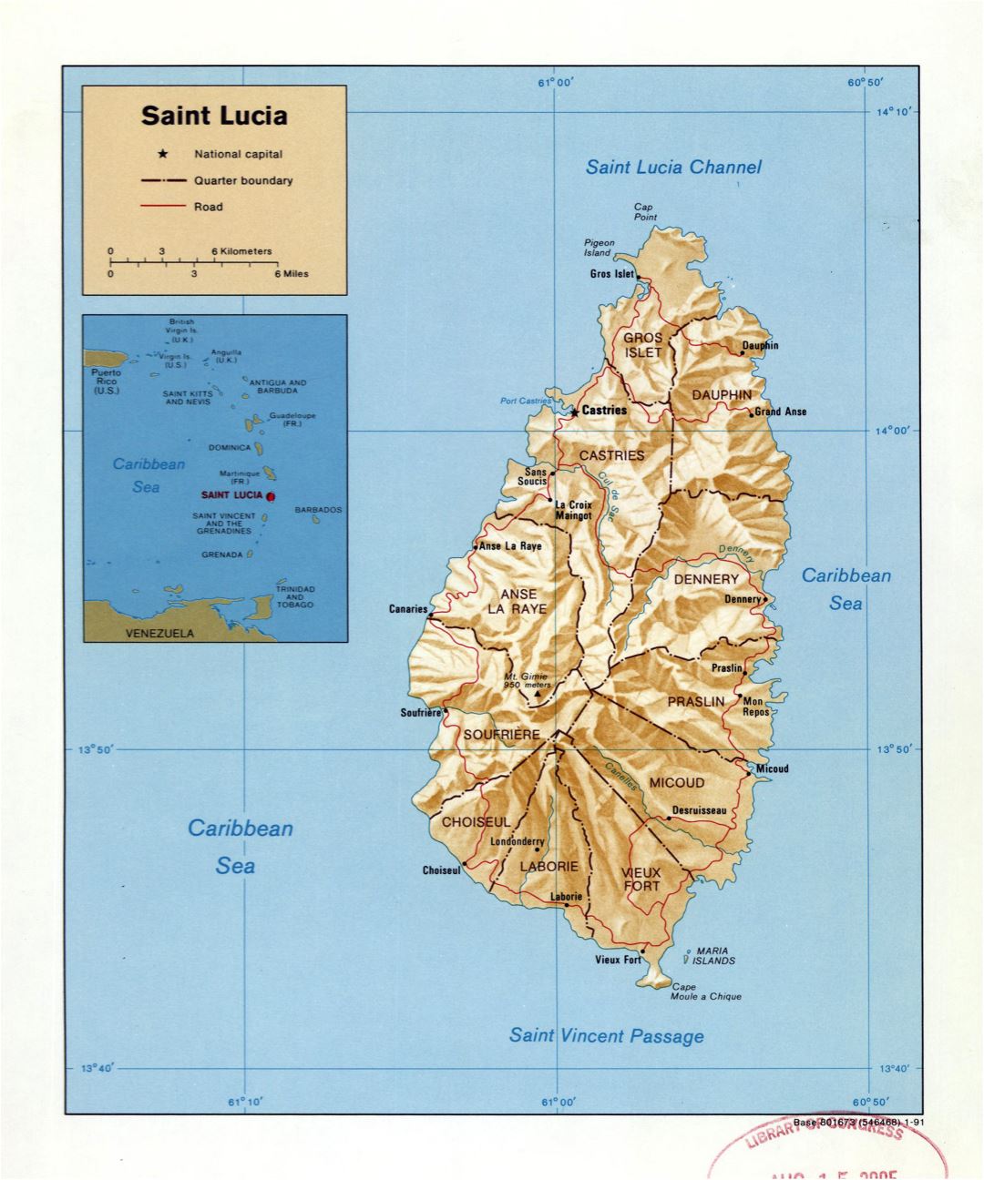Large detailed political and administrative map of Saint Lucia with relief, roads and cities - 1991