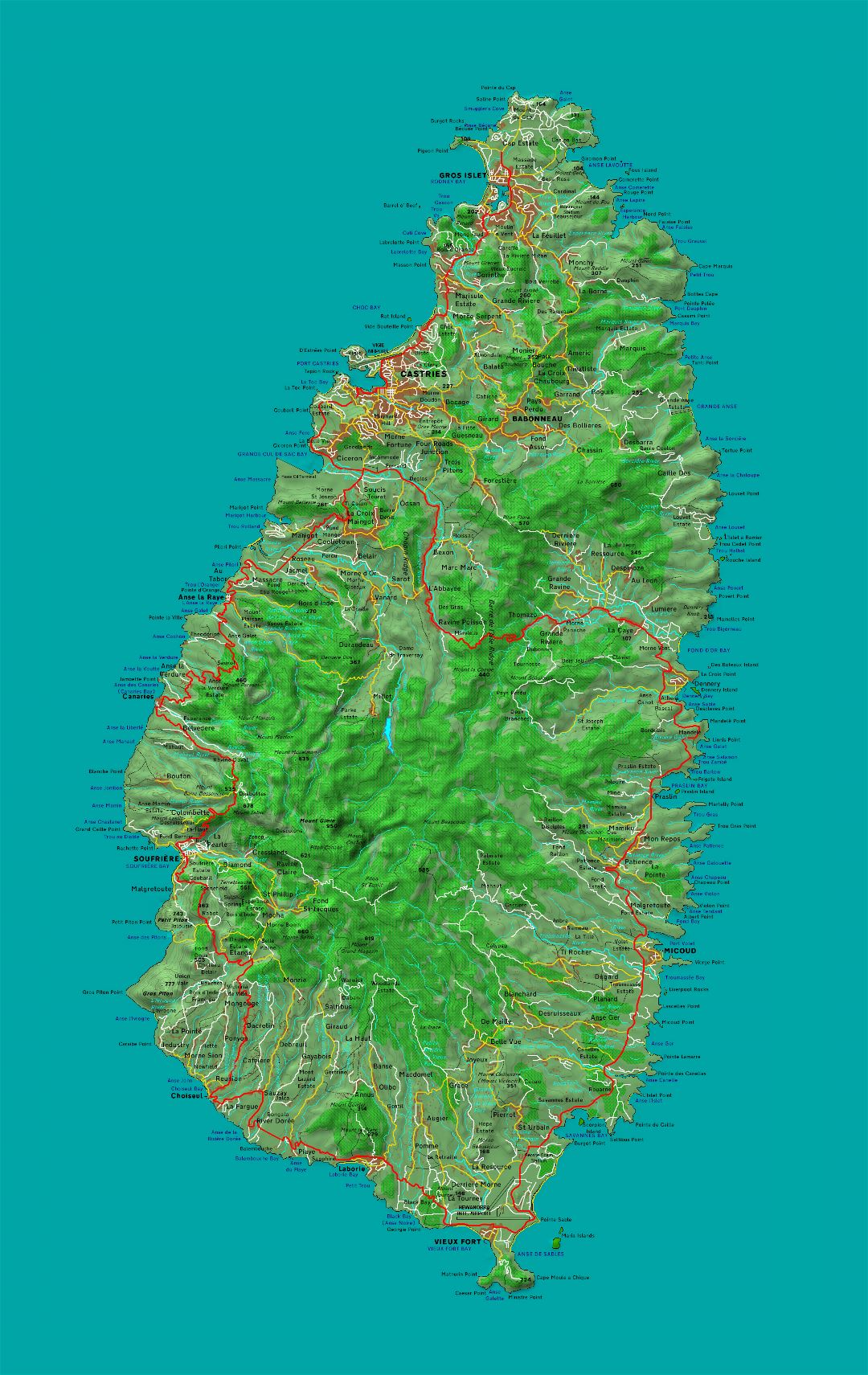 Large detailed topographical map of Saint Lucia with other marks