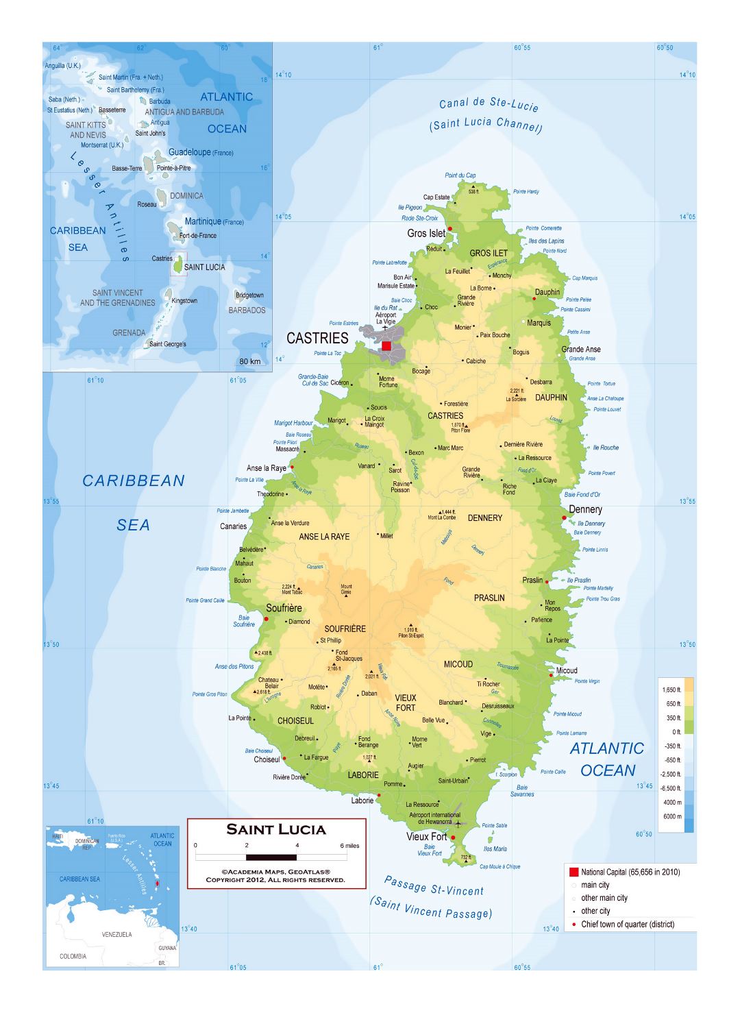 Large physical map of Saint Lucia with roads, cities and airports