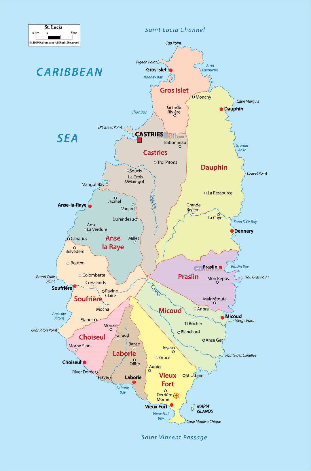 Large political and administrative map of Saint Lucia with cities and airports