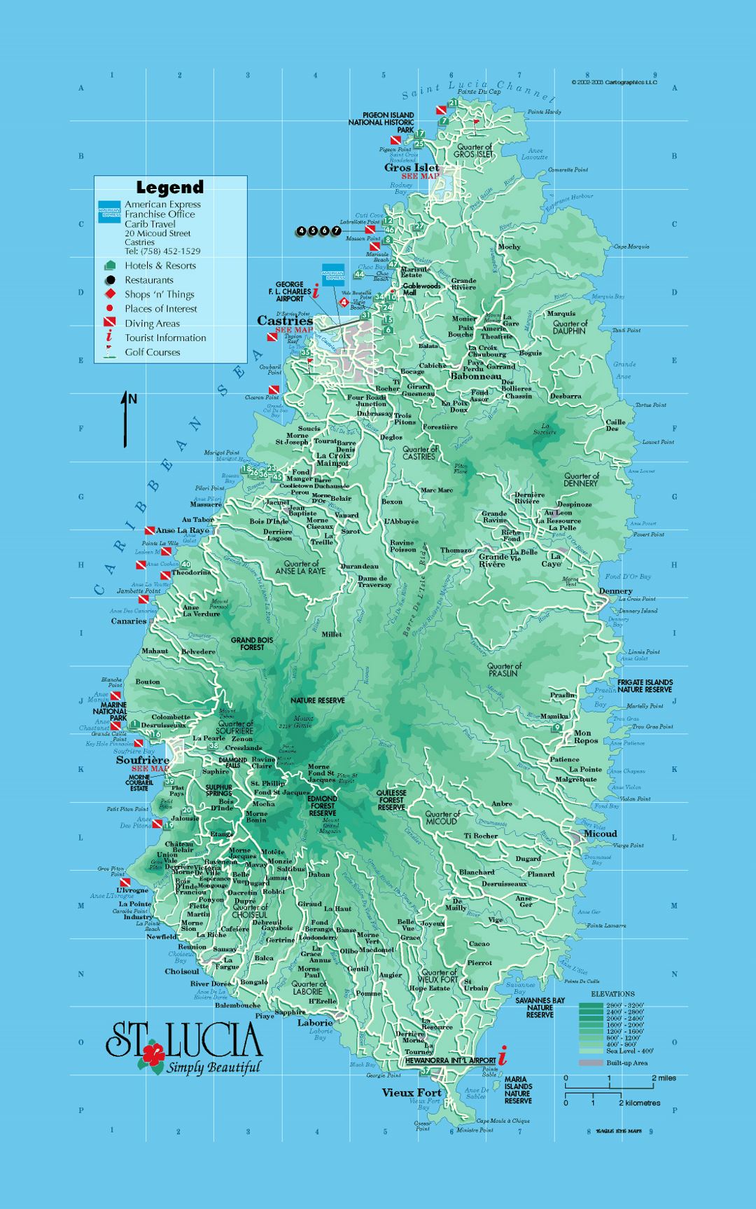 Large tourist and elevation map of Saint Lucia with roads, cities and other marks