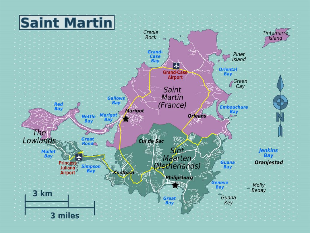 Detailed map of Sint Maarten, Saint Martin with roads, cities, villages and airports