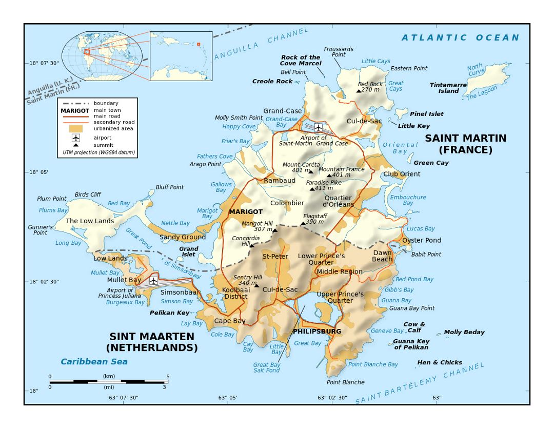 Detailed political map of Sint Maarten, Saint Martin with relief, roads, cities and airports