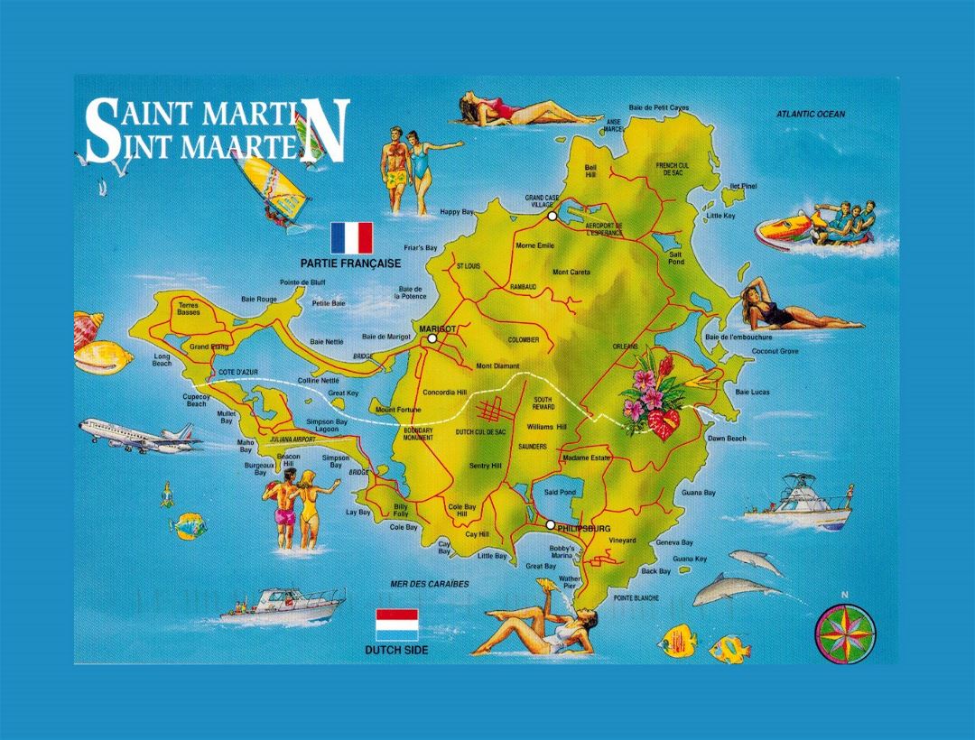Detailed travel illustrated map of Sint Maarten, Saint Martin