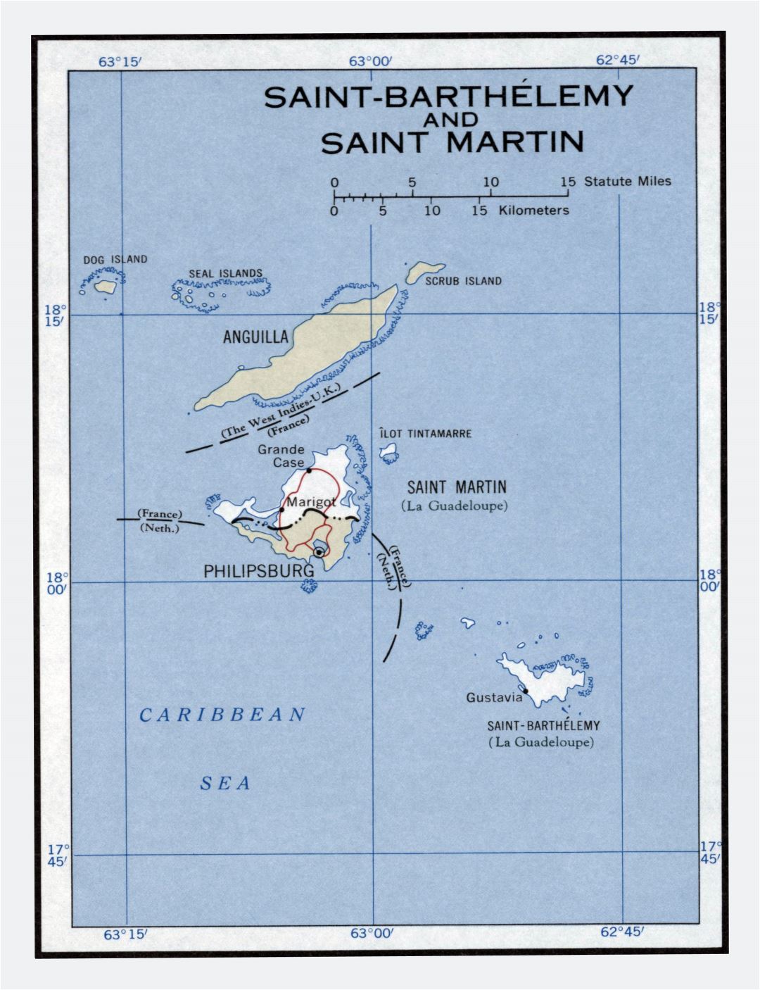 Large detailed political map of Saint Barthelemy and Saint Martin - 1960