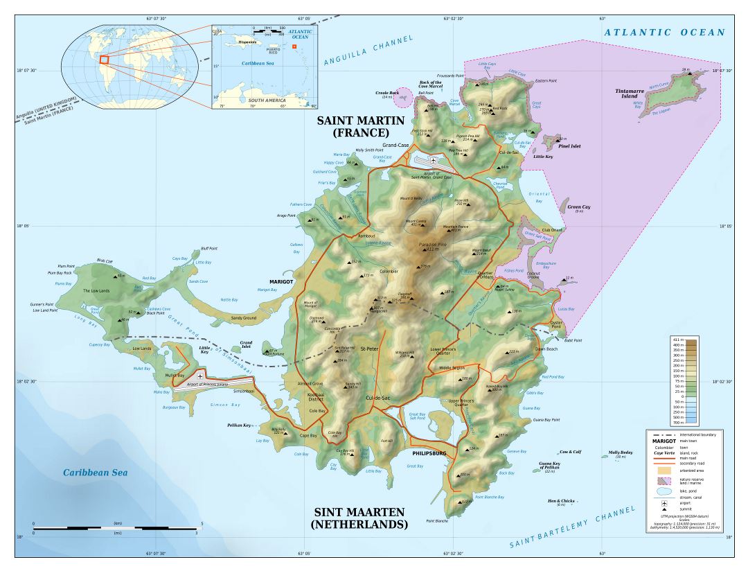 Large detailed topographic map of Sint Maarten, Saint Martin