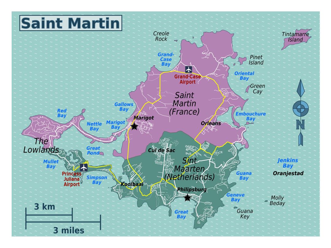 Large map of Sint Maarten, Saint Martin with roads, cities, villages and airports