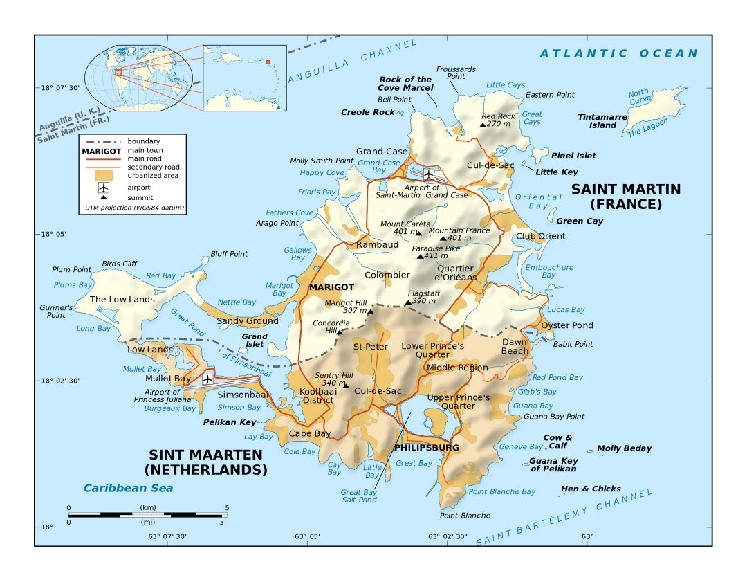 Large political map of Sint Maarten, Saint Martin with relief, roads, cities and airports