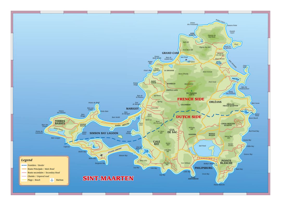 Large road map of Sint Maarten, Saint Martin with other marks