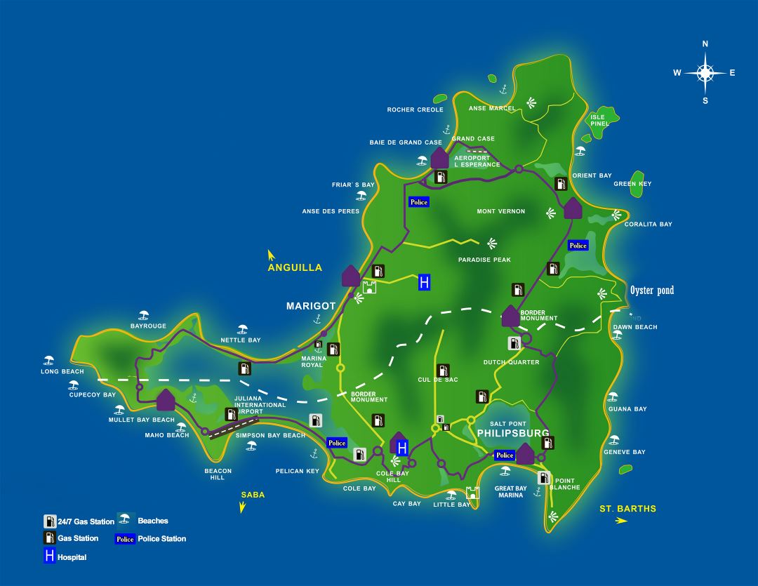 Large road map of St. Martin with other marks