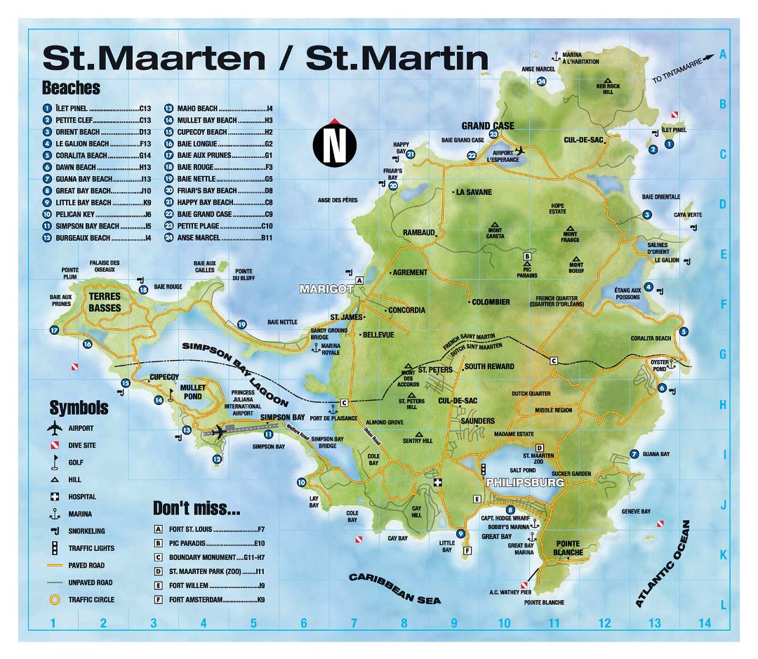 Large tourist map of Sint Maarten, Saint Martin with other marks