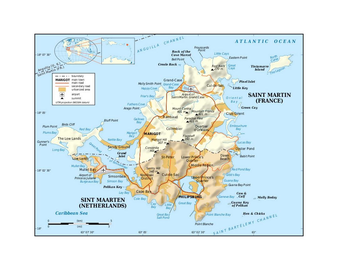 Political map of Sint Maarten, Saint Martin with roads, cities, airports and other marks