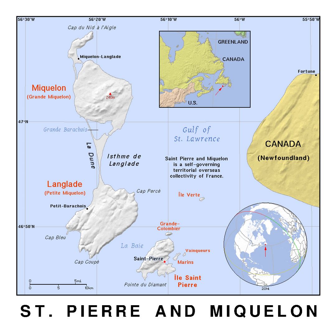 Detailed political map of Saint Pierre and Miquelon with relief