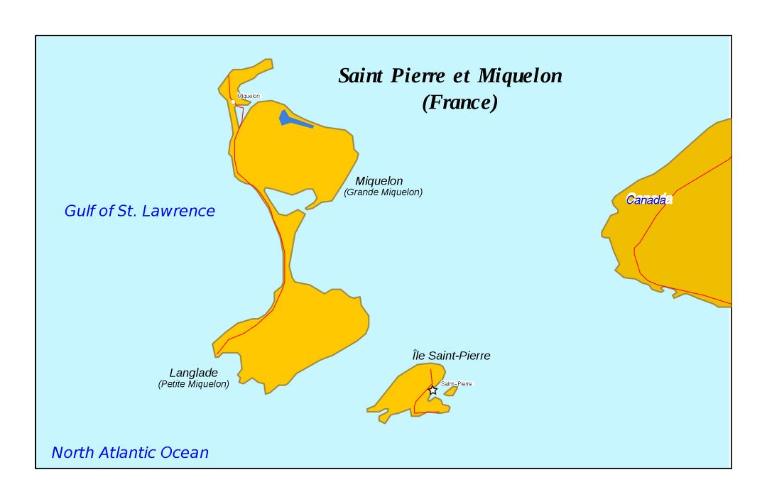 Large map of Saint Pierre and Miquelon with roads and cities