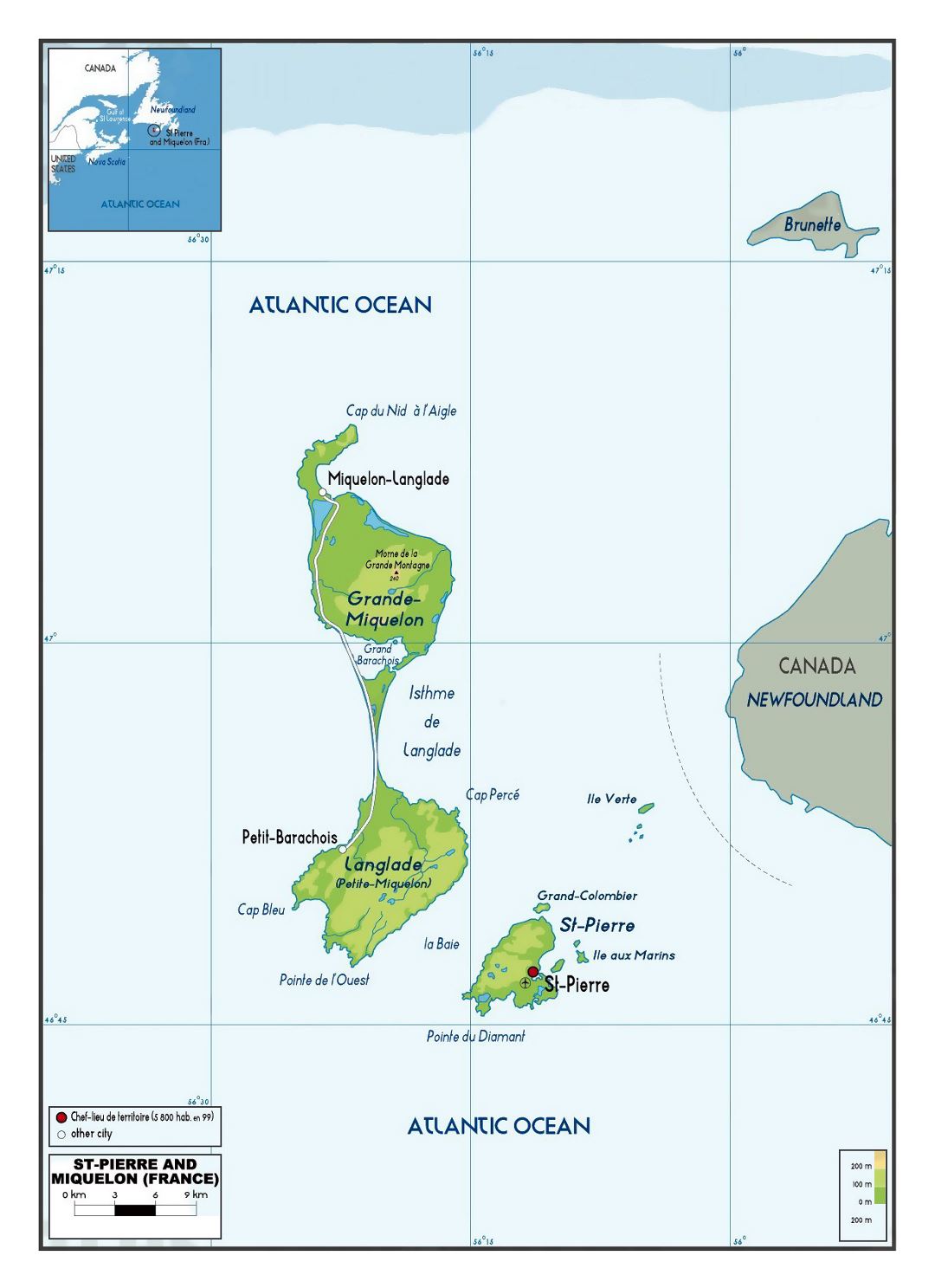 Large physical map of Saint Pierre and Miquelon with roads, cities and airport