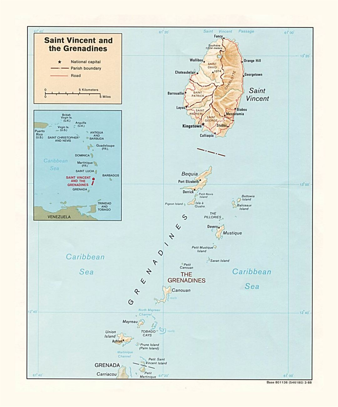 Detailed political and administrative map of Saint Vincent and the Grenadines with relief, roads and cities - 1988