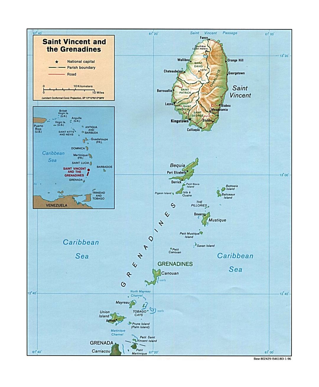 Detailed political and administrative map of Saint Vincent and the Grenadines with relief, roads and cities - 1996