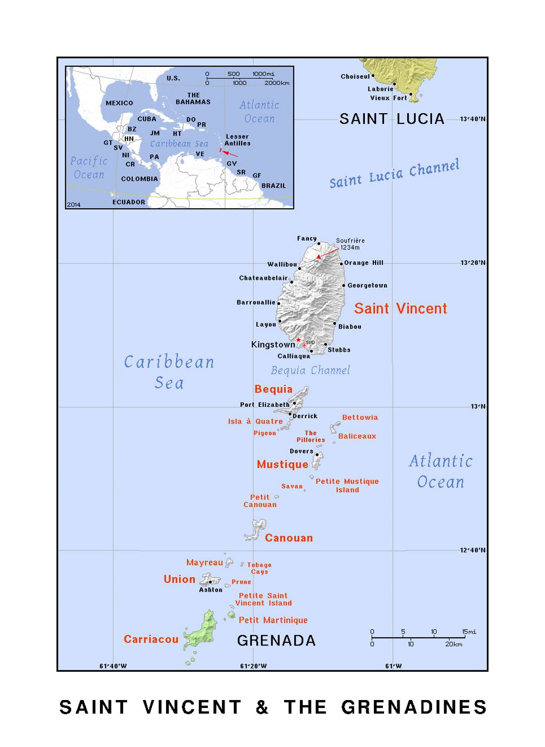 Detailed political map of Saint Vincent and the Grenadines with relief