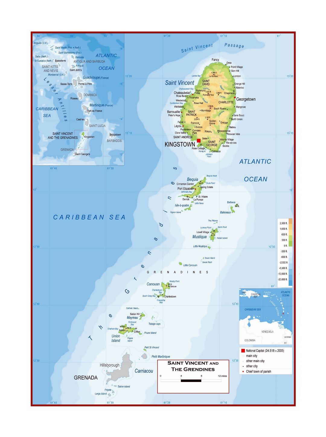 Large detailed physical map of Saint Vincent and the Grenadines with roads, cities and airports