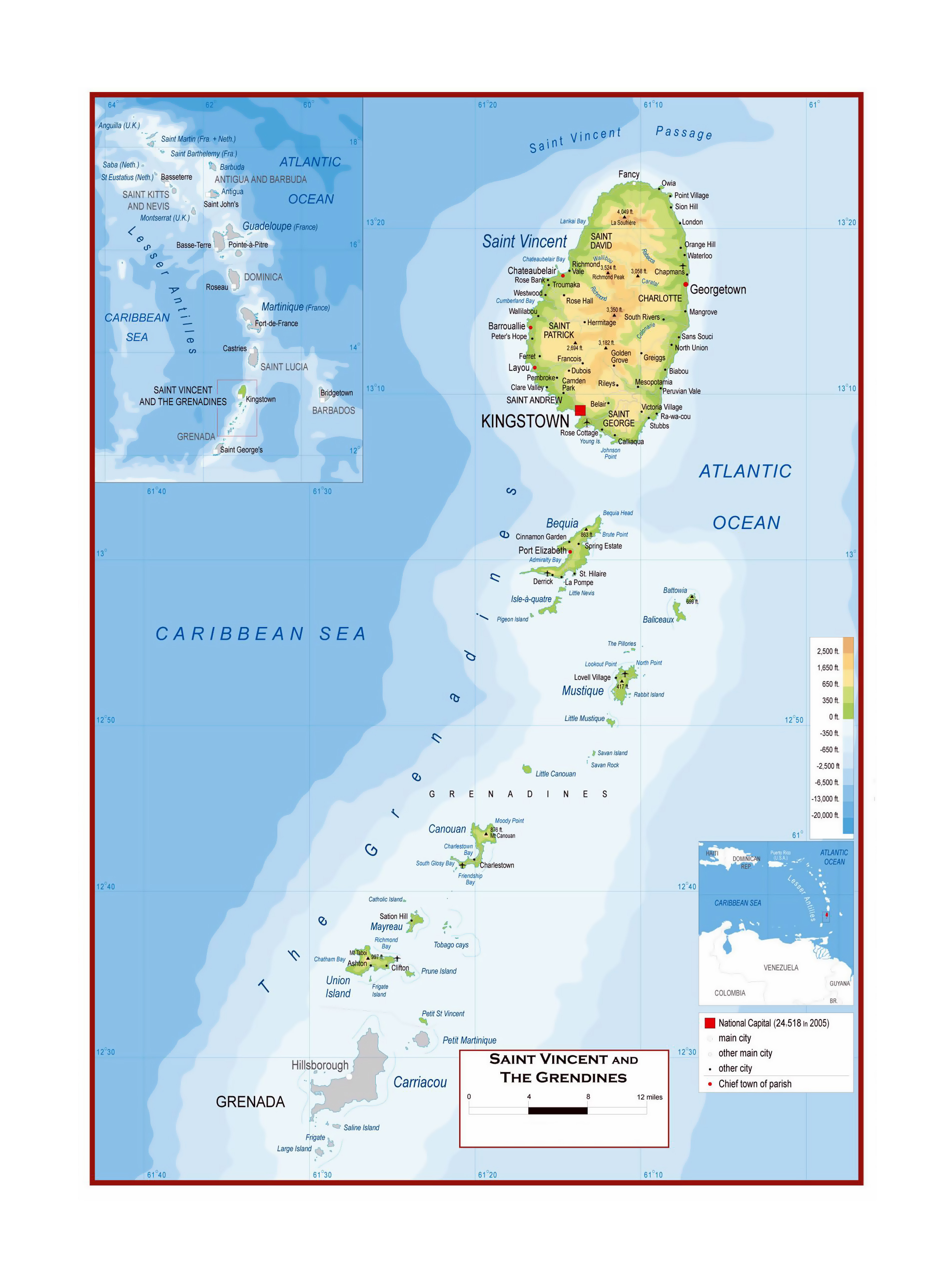 Large detailed physical map of Saint Vincent and the Grenadines with ...