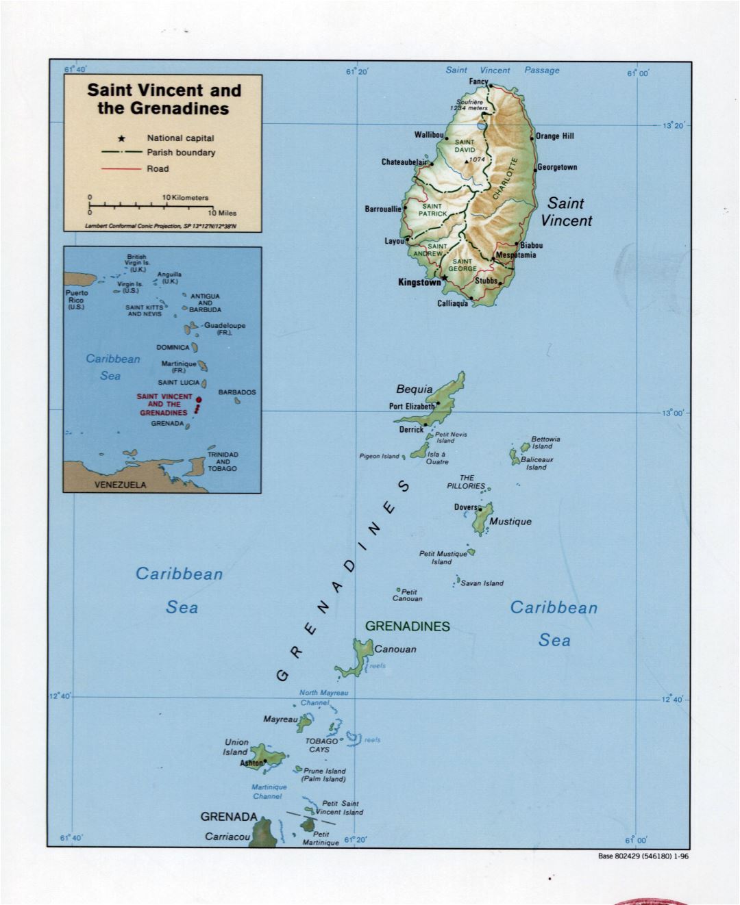 Large detailed political and administrative map of Saint Vincent and the Grenadines with relief, roads and cities - 1996