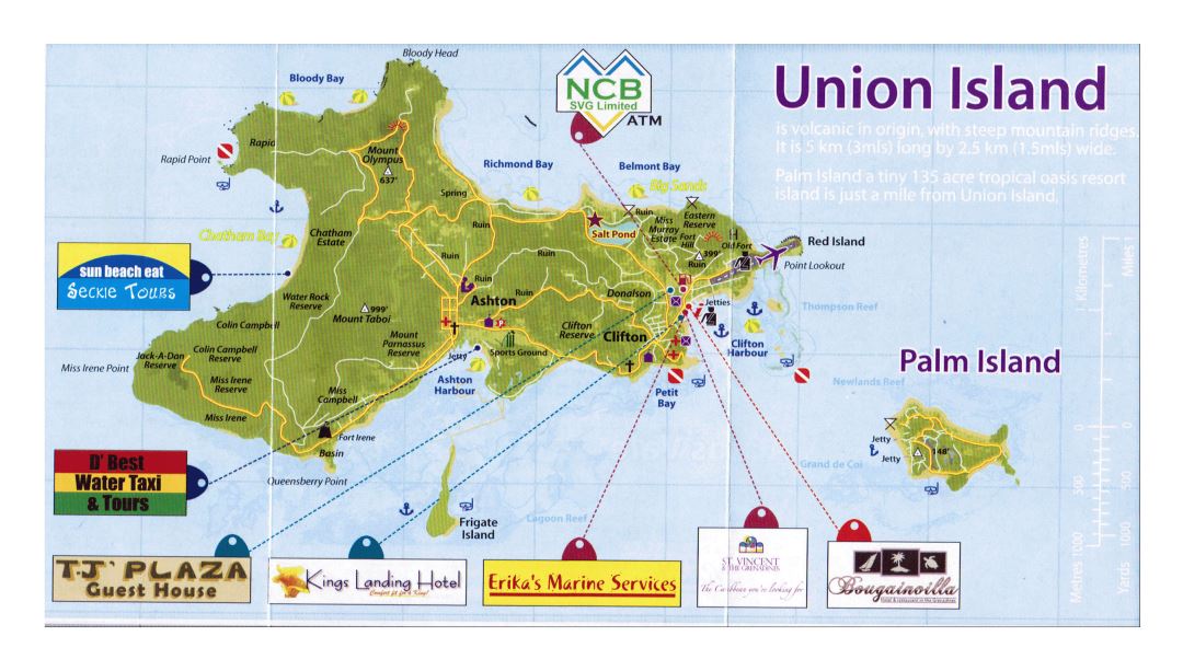 Large detailed tourist map of the Union Island, Saint Vincent and the Grenadines with roads and other marks