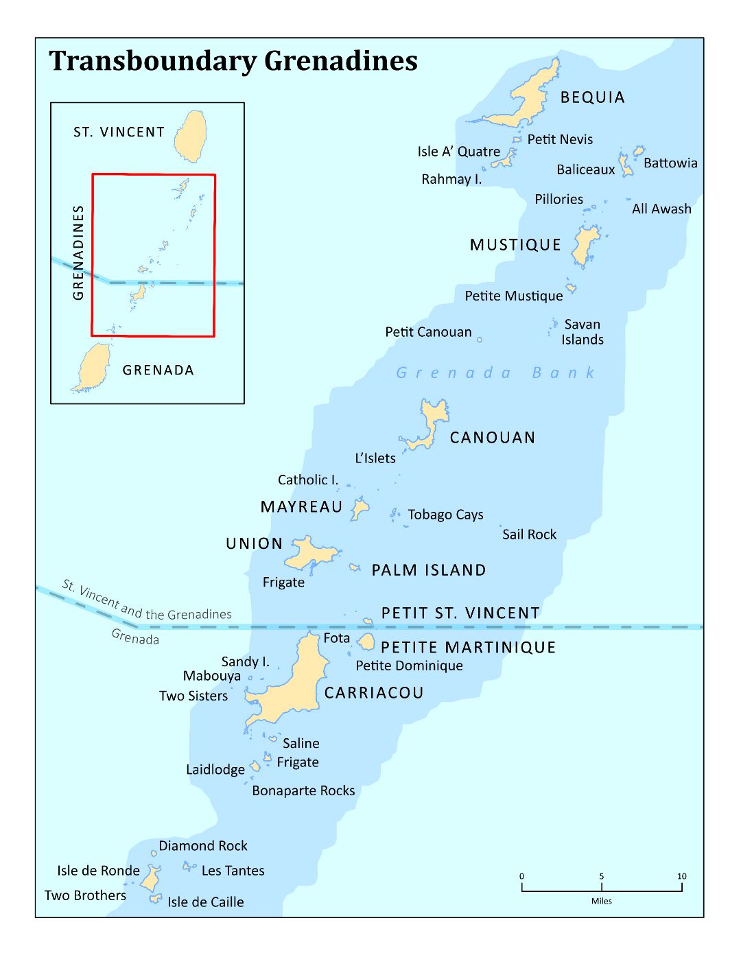 Large detailed transboundary map of Grenadines