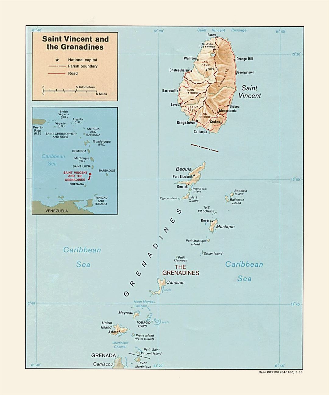 Large political and administrative map of Saint Vincent and the Grenadines with relief, roads and cities - 1988