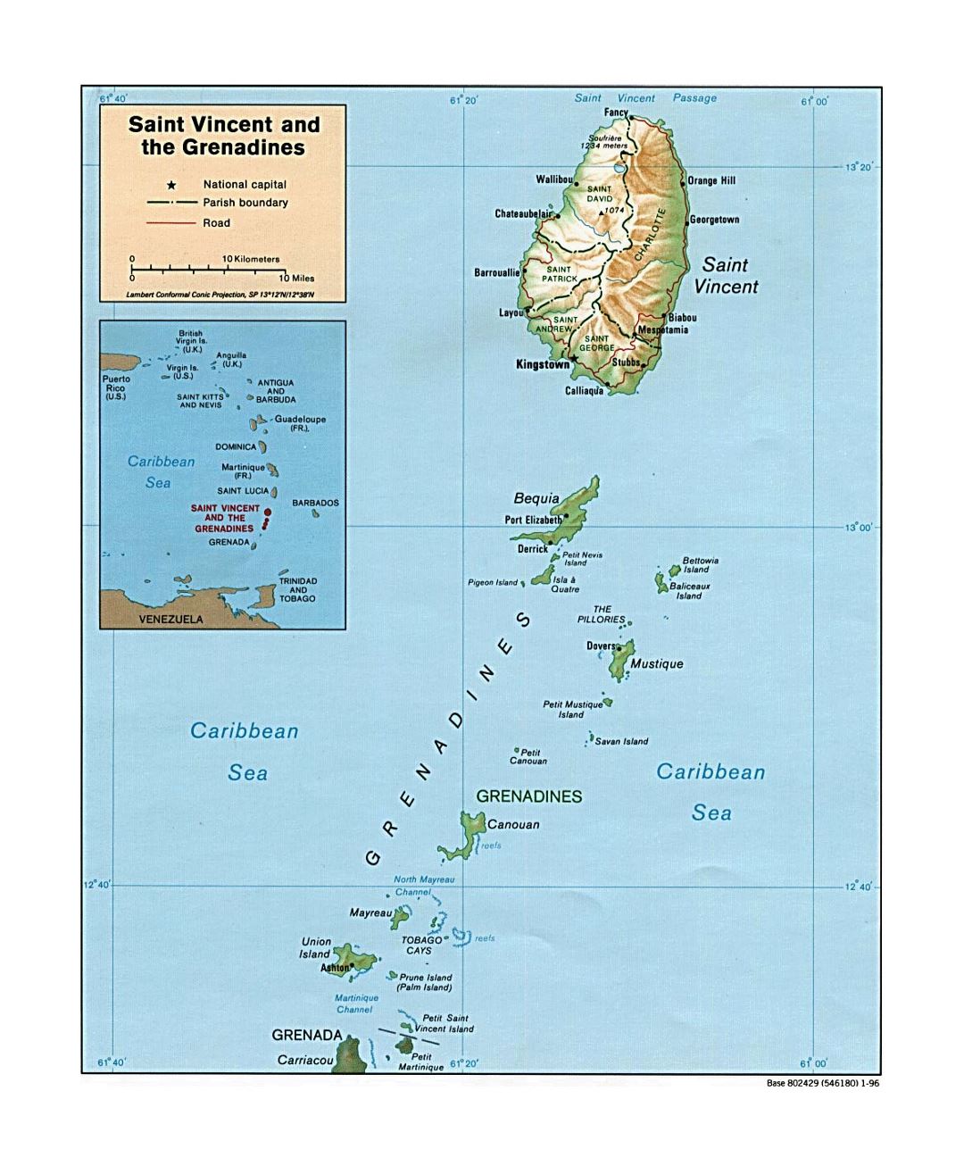 Large political and administrative map of Saint Vincent and the Grenadines with relief, roads and cities - 1996