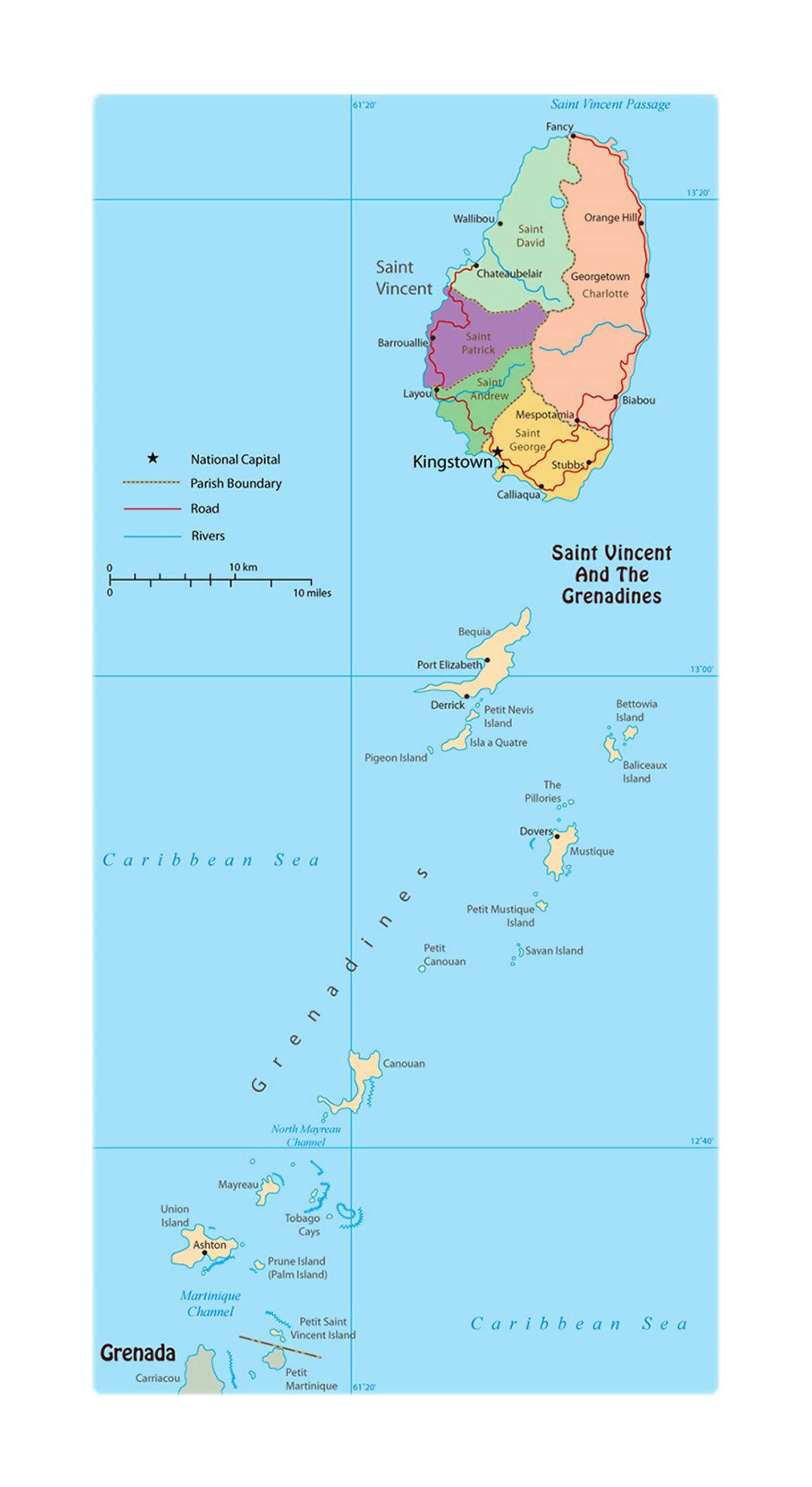 Large political and administrative map of Saint Vincent and the Grenadines with roads, rivers, cities and airports