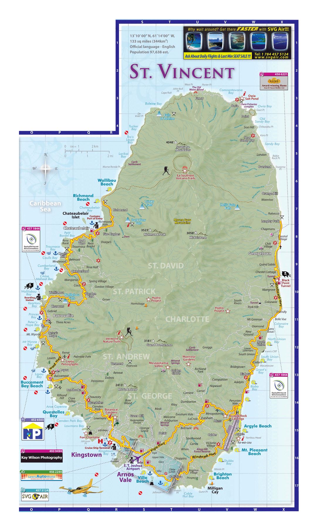 Large tourist map of Saint Vincent Island with roads, cities and other marks