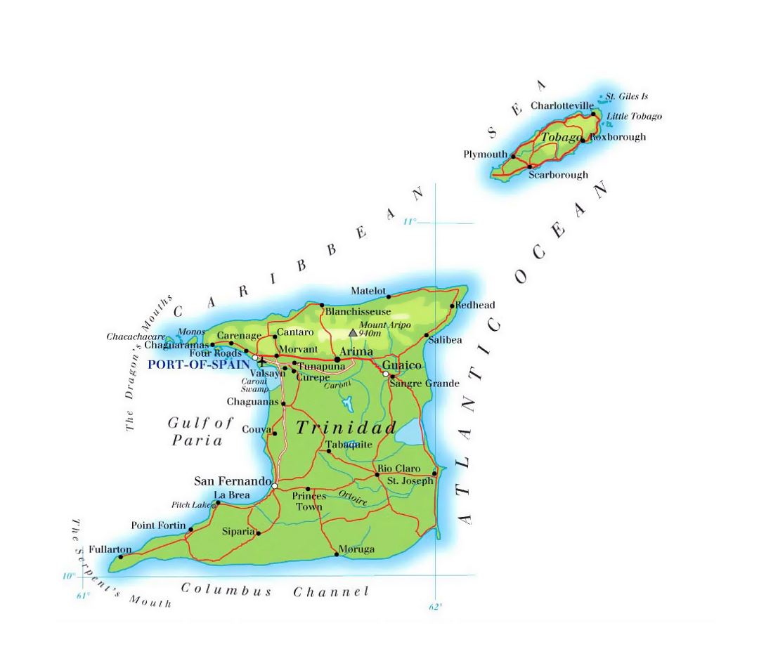 Detailed elevation map of Trinidad and Tobago with roads, cities and airports