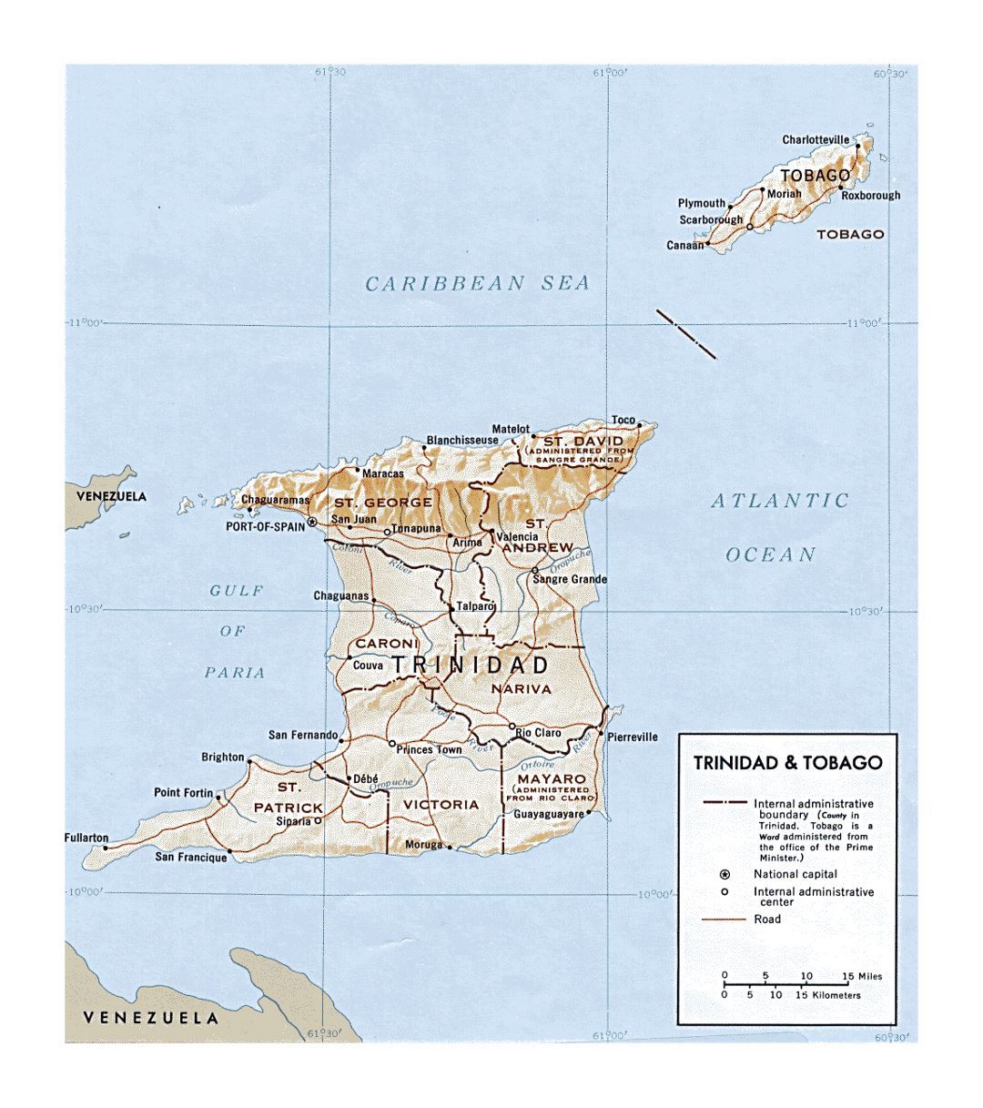 Detailed political and administrative map of Trinidad and Tobago with releif, rivers, roads and cities