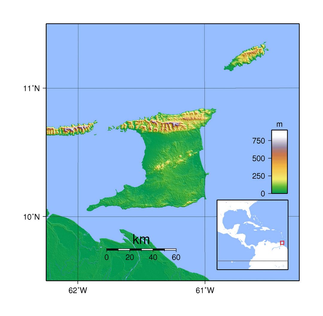 Detailed topographical map of Trinidad and Tobago
