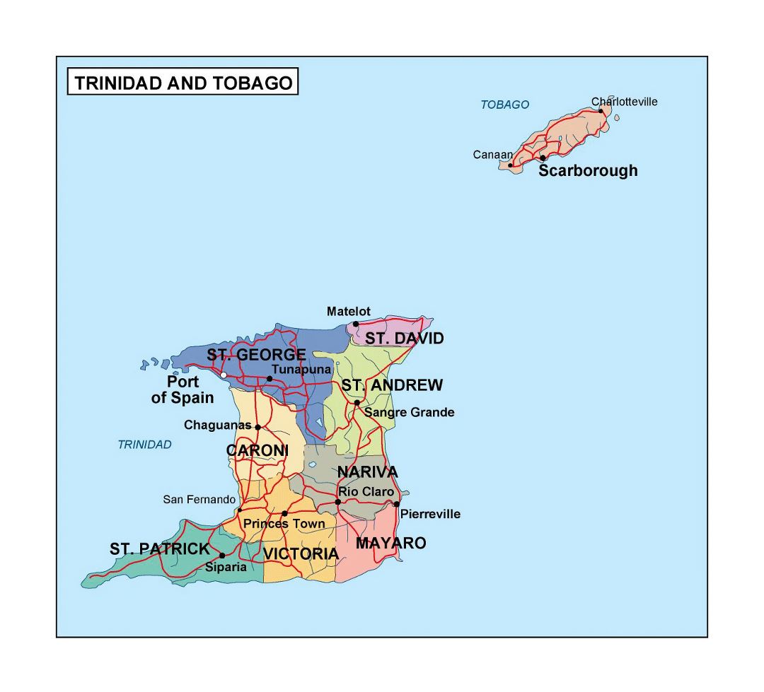 Large administrative map of Trinidad and Tobago with roads and cities