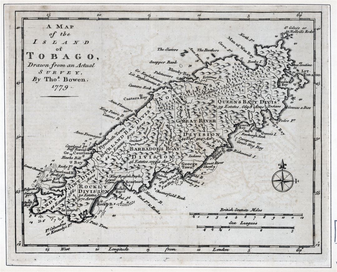 Large detailed old map of the Island of Tobago with relief and other marks - 1778