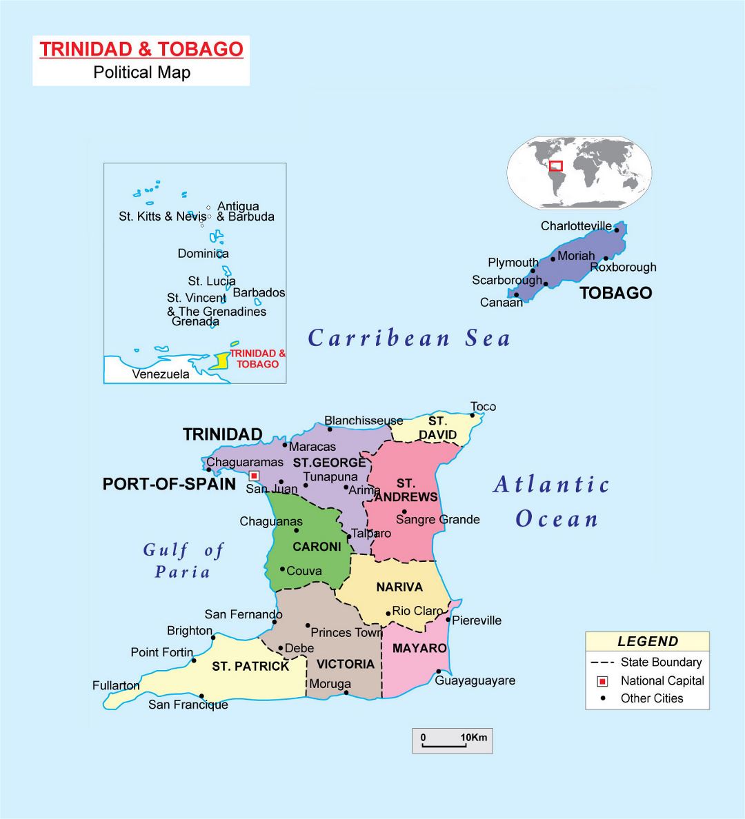 Large political and administrative map of Trinidad and Tobago with major cities