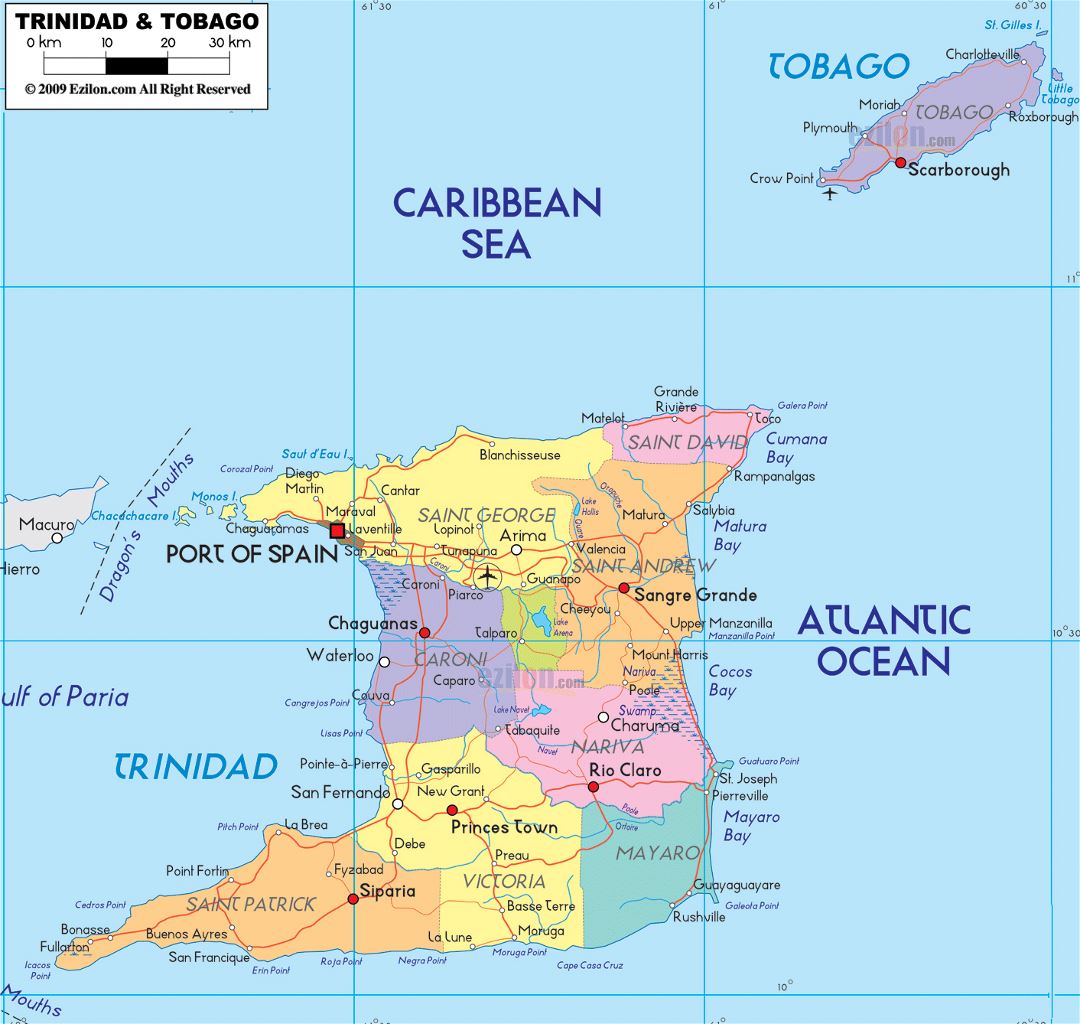 Large political and administrative map of Trinidad and Tobago with roads, cities and airports