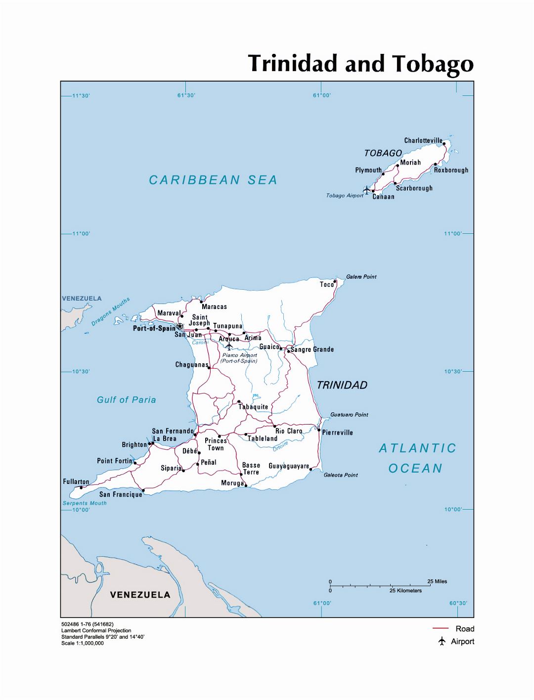 Large political map of Trinidad and Tobago with roads, cities and airports - 1976