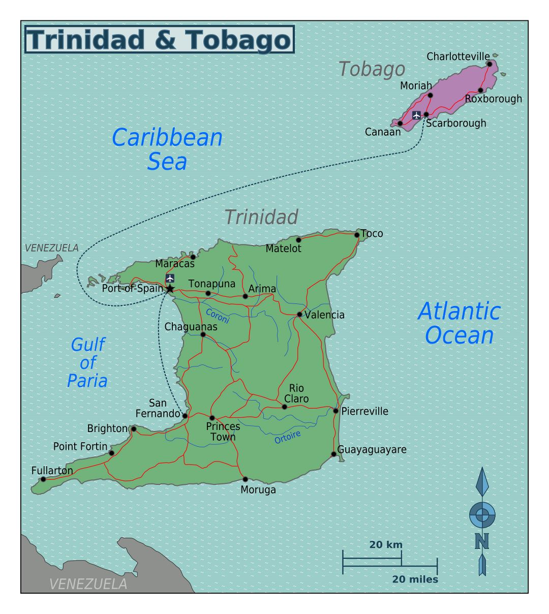 Large regions map of Trinidad and Tobago