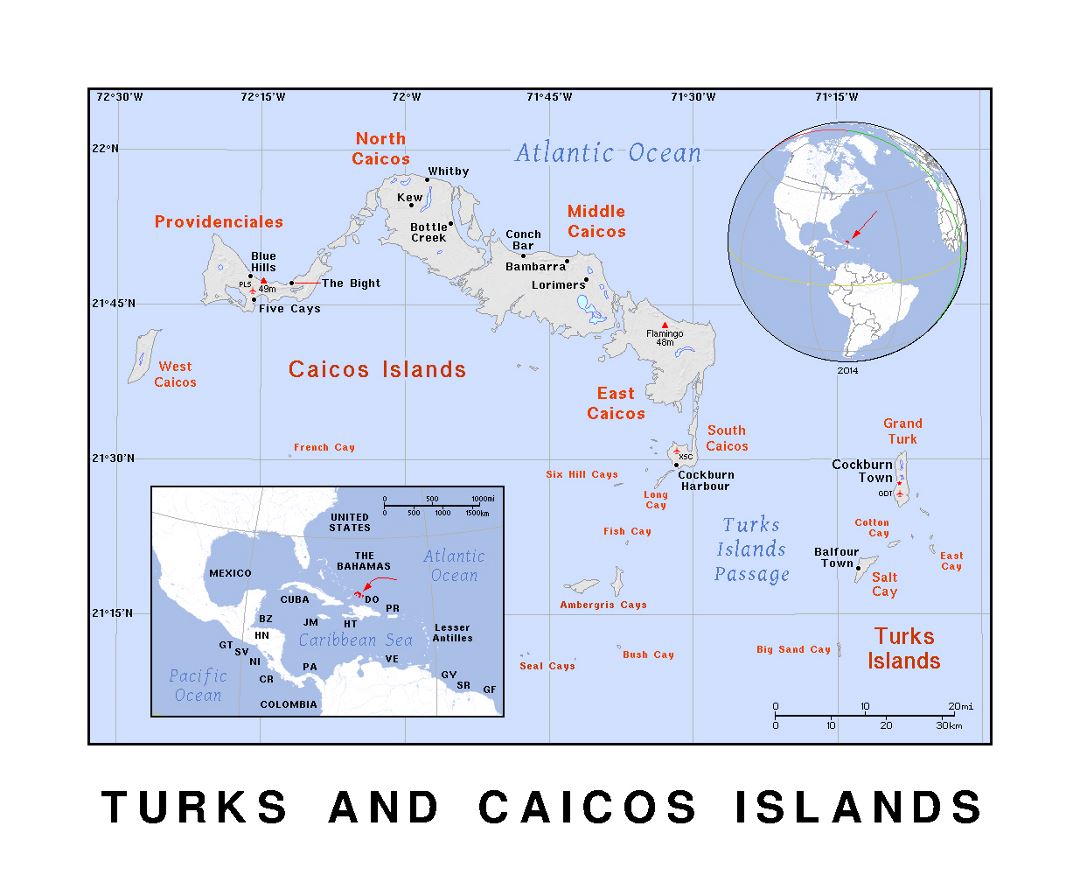 Detailed political map of Turks and Caicos Islands with relief