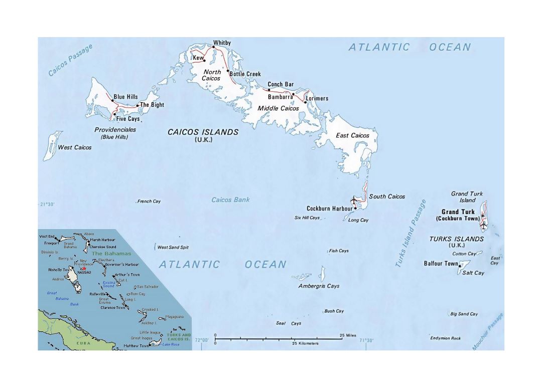 Detailed political map of Turks and Caicos Islands with roads, cities and airports