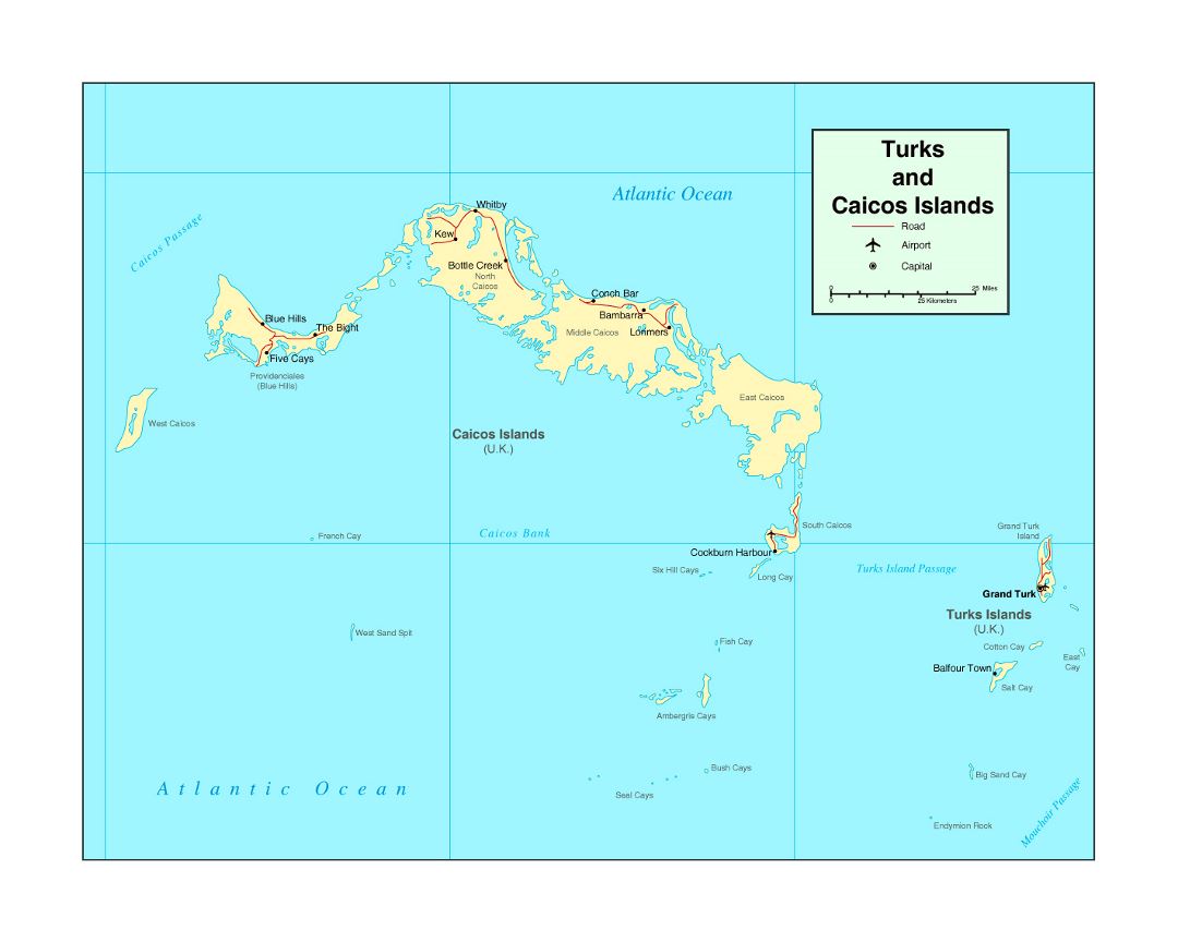 Detailed political map of Turks and Caicos Islands with roads, major cities and airports