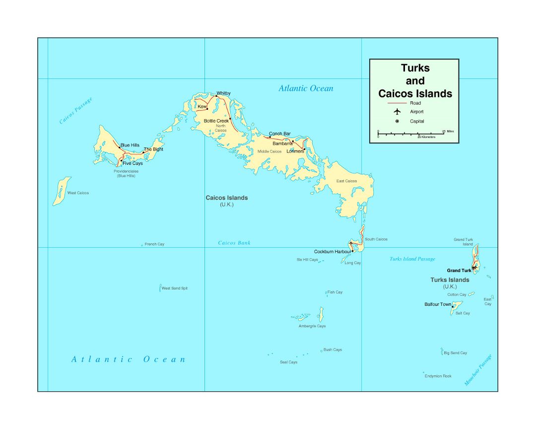 Detailed political map of Turks and Caicos Islands with roads, major cities and airports