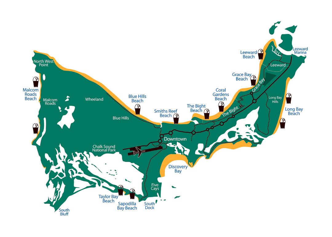 Large beaches map of Providenciales Island, Turks and Caicos Islands