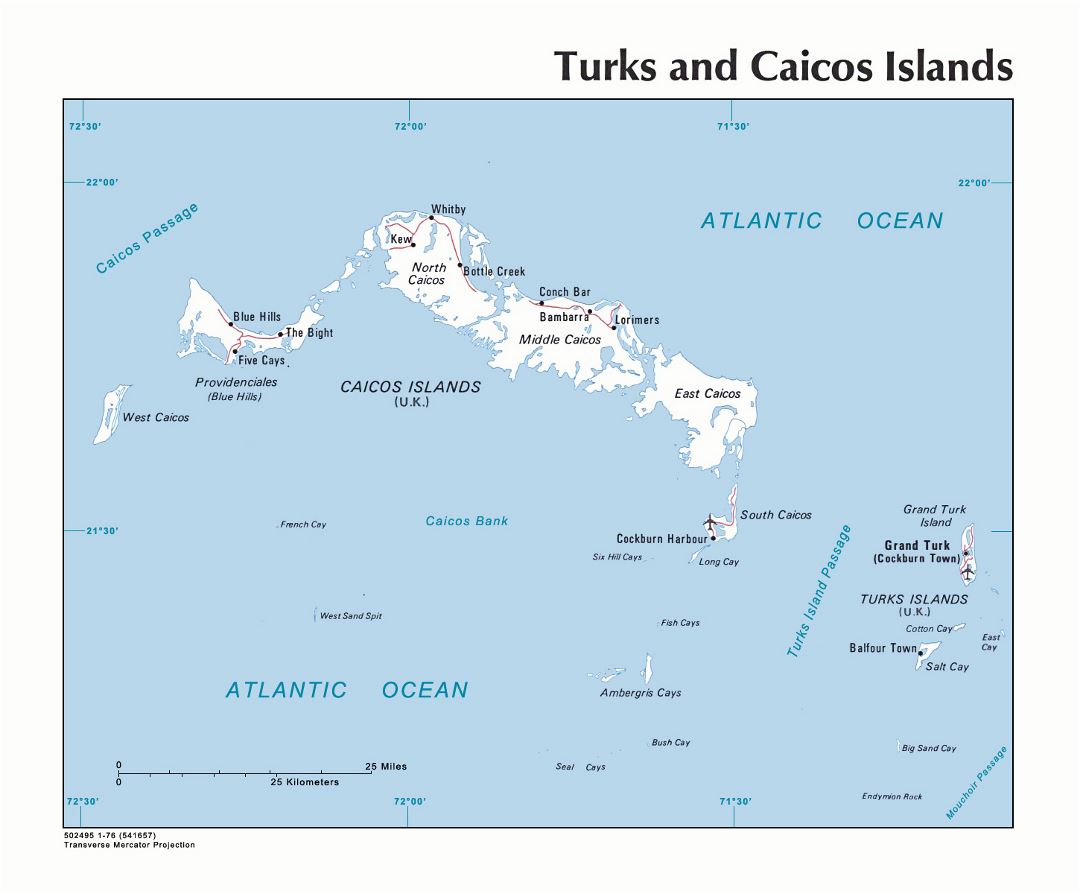 Large political map of Turks and Caicos Islands with roads, cities and airports - 1976