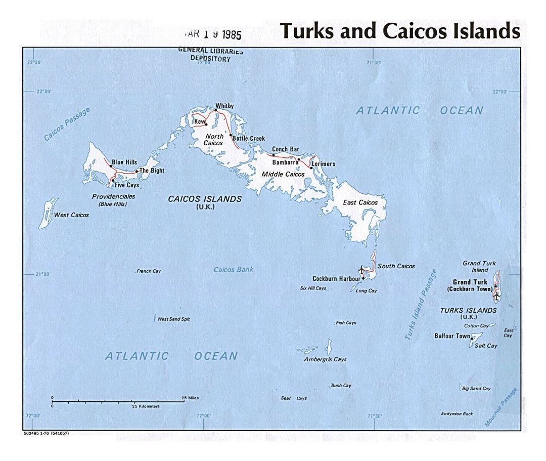 Large political map of Turks and Caicos Islands with roads, major cities and airports - 1976