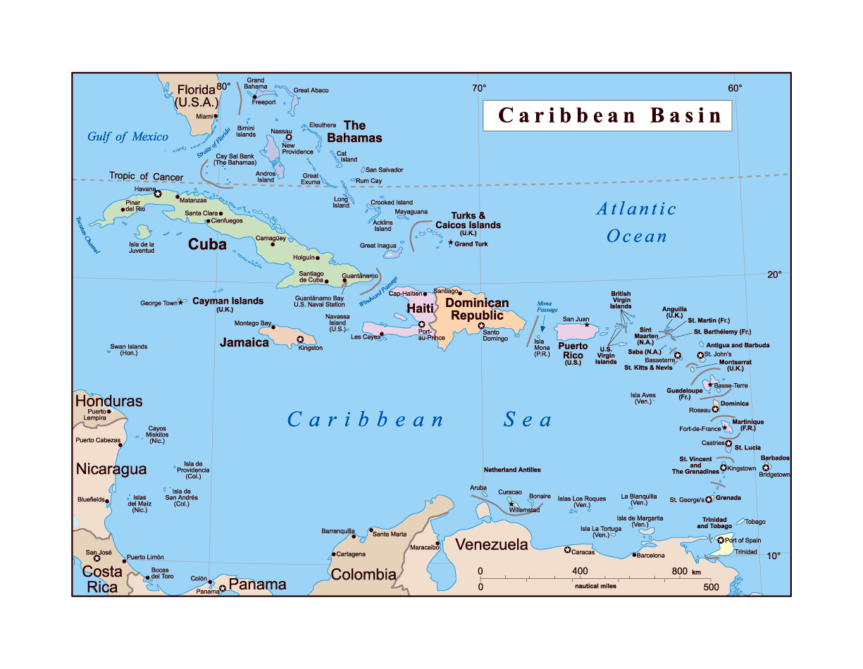 Detailed Political Map Of The Caribbean Basin Us Virgin Islands